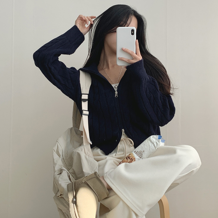 ケーブルダブルジップアップハイネックニット5色｜ジャンパー