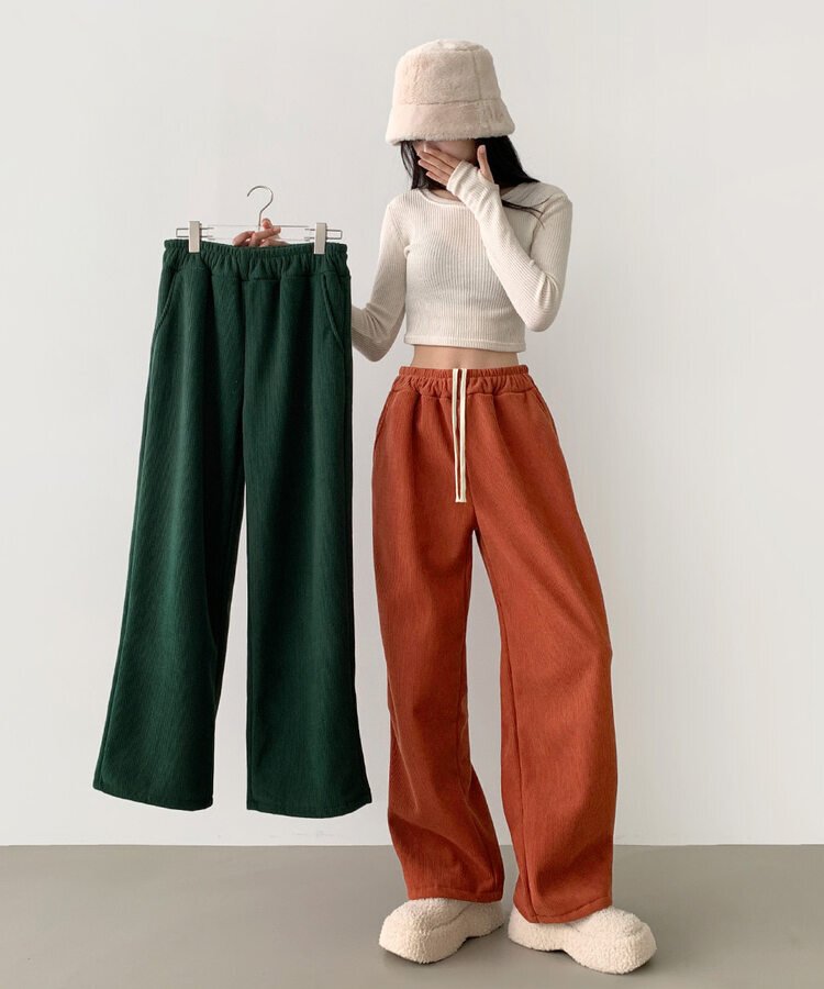 양털기모 골덴 코듀로이 벨로아 도톰 롱와이드 밴딩 팬츠