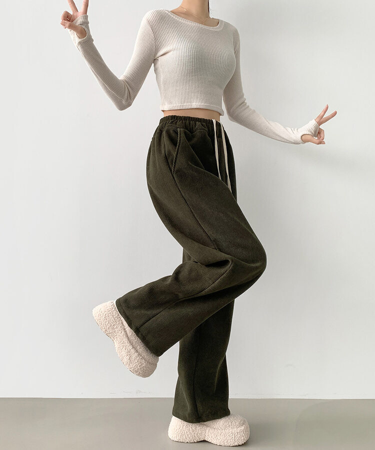 양털기모 골덴 코듀로이 벨로아 도톰 롱와이드 밴딩 팬츠