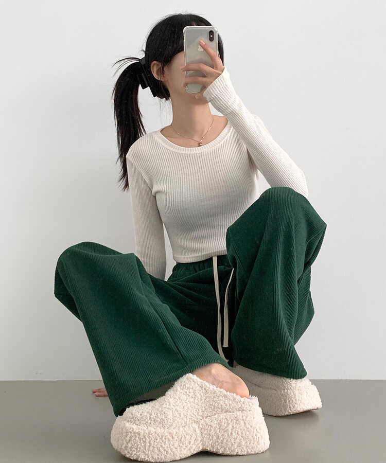 양털기모 골덴 코듀로이 벨로아 도톰 롱와이드 밴딩 팬츠