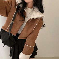 찬바람차단 따숩 양털 하이넥 스웨이드 버클 크롭 무스탕 숏 자켓 브라운