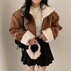 찬바람차단 따숩 양털 하이넥 스웨이드 버클 크롭 무스탕 숏 자켓 브라운