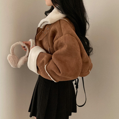 찬바람차단 따숩 양털 하이넥 스웨이드 버클 크롭 무스탕 숏 자켓 브라운