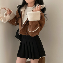 찬바람차단 따숩 양털 하이넥 스웨이드 버클 크롭 무스탕 숏 자켓 브라운