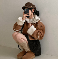 찬바람차단 따숩 양털 하이넥 스웨이드 버클 크롭 무스탕 숏 자켓 브라운