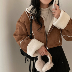 찬바람차단 따숩 양털 하이넥 스웨이드 버클 크롭 무스탕 숏 자켓 브라운