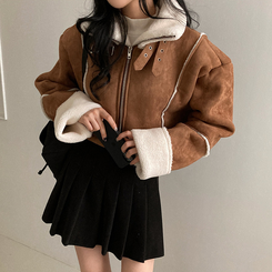 찬바람차단 따숩 양털 하이넥 스웨이드 버클 크롭 무스탕 숏 자켓 브라운