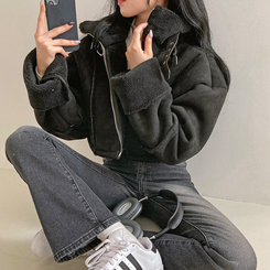 찬바람차단 따숩 양털 하이넥 스웨이드 버클 크롭 무스탕 숏 자켓 블랙