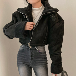 찬바람차단 따숩 양털 하이넥 스웨이드 버클 크롭 무스탕 숏 자켓 블랙
