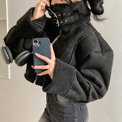 찬바람차단 따숩 양털 하이넥 스웨이드 버클 크롭 무스탕 숏 자켓 블랙