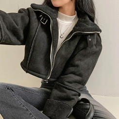 찬바람차단 따숩 양털 하이넥 스웨이드 버클 크롭 무스탕 숏 자켓 블랙