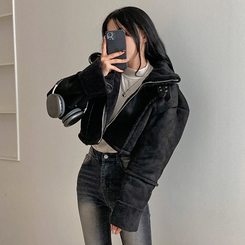 찬바람차단 따숩 양털 하이넥 스웨이드 버클 크롭 무스탕 숏 자켓 블랙