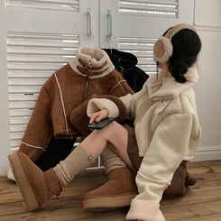 찬바람차단 따숩 양털 하이넥 스웨이드 버클 크롭 무스탕 숏 자켓 아이보리