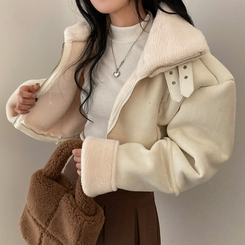 찬바람차단 따숩 양털 하이넥 스웨이드 버클 크롭 무스탕 숏 자켓 아이보리