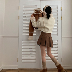 찬바람차단 따숩 양털 하이넥 스웨이드 버클 크롭 무스탕 숏 자켓 아이보리
