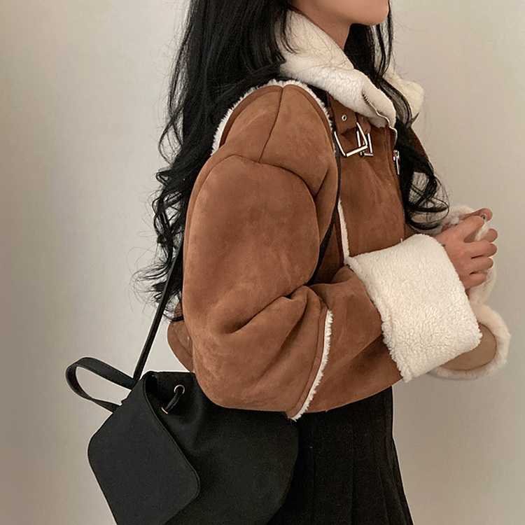 찬바람차단 따숩 양털 하이넥 스웨이드 버클 크롭 무스탕 숏 자켓 브라운
