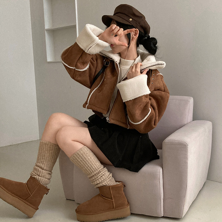 찬바람차단 따숩 양털 하이넥 스웨이드 버클 크롭 무스탕 숏 자켓 브라운