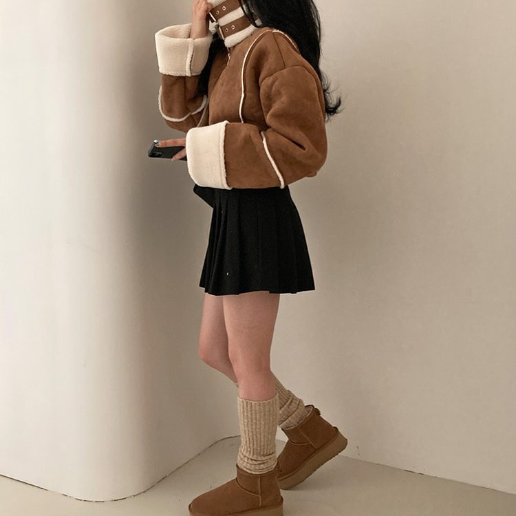 찬바람차단 따숩 양털 하이넥 스웨이드 버클 크롭 무스탕 숏 자켓 브라운