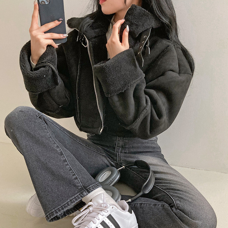 찬바람차단 따숩 양털 하이넥 스웨이드 버클 크롭 무스탕 숏 자켓 블랙