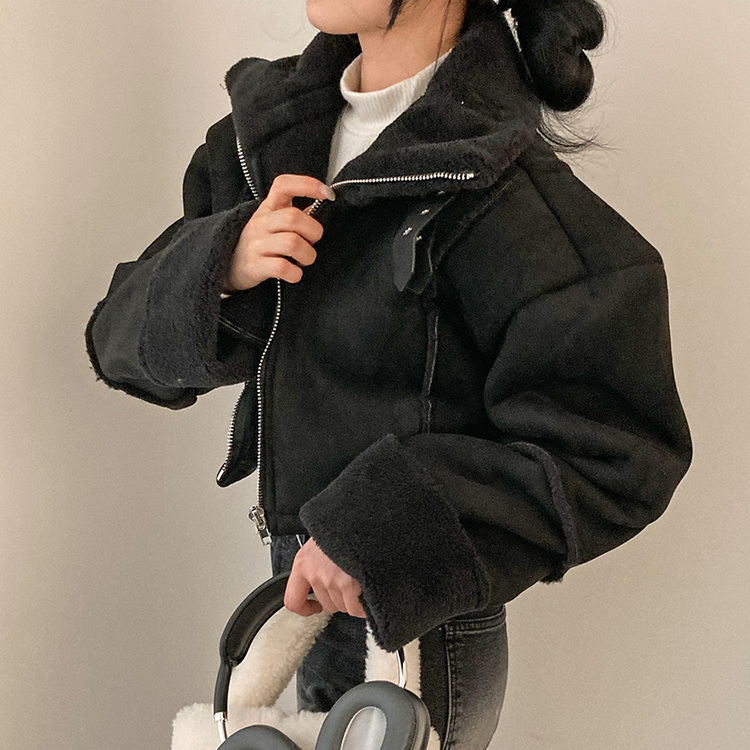 찬바람차단 따숩 양털 하이넥 스웨이드 버클 크롭 무스탕 숏 자켓 블랙