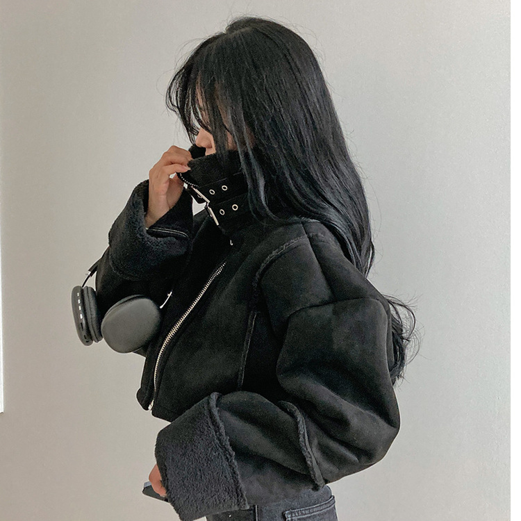 찬바람차단 따숩 양털 하이넥 스웨이드 버클 크롭 무스탕 숏 자켓 블랙
