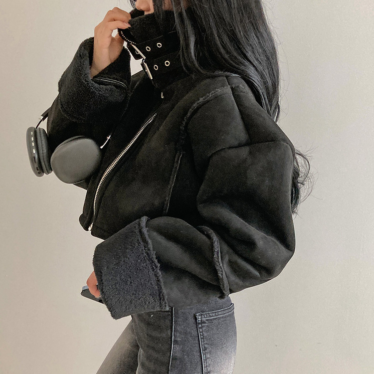 찬바람차단 따숩 양털 하이넥 스웨이드 버클 크롭 무스탕 숏 자켓 블랙