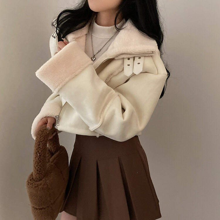 찬바람차단 따숩 양털 하이넥 스웨이드 버클 크롭 무스탕 숏 자켓 아이보리