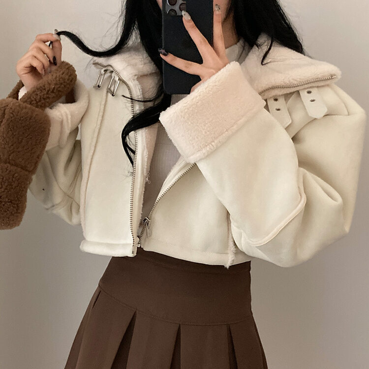 찬바람차단 따숩 양털 하이넥 스웨이드 버클 크롭 무스탕 숏 자켓 아이보리
