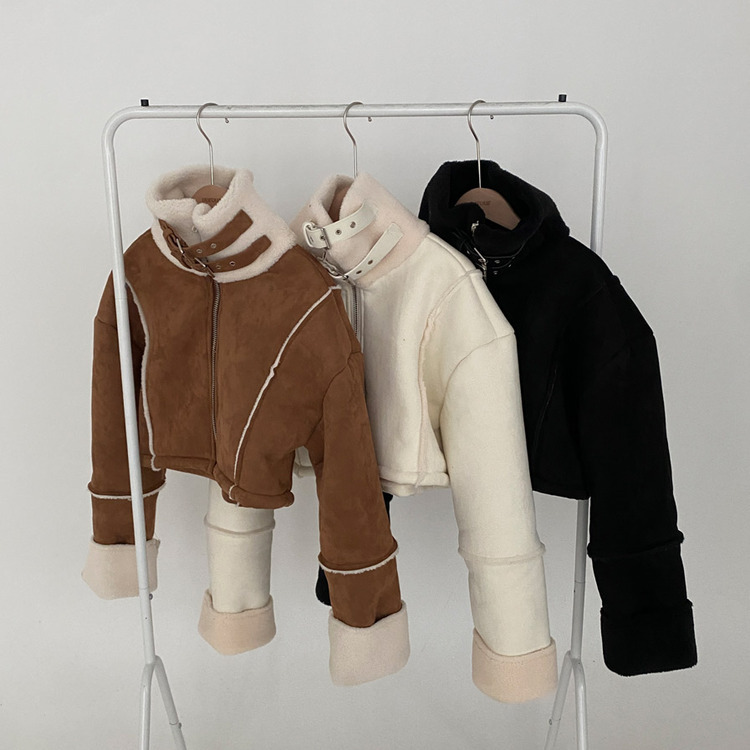 찬바람차단 따숩 양털 하이넥 스웨이드 버클 크롭 무스탕 숏 자켓