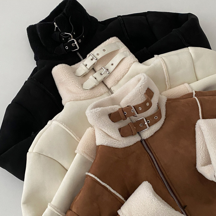 찬바람차단 따숩 양털 하이넥 스웨이드 버클 크롭 무스탕 숏 자켓