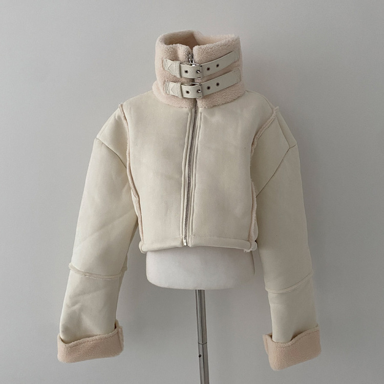 찬바람차단 따숩 양털 하이넥 스웨이드 버클 크롭 무스탕 숏 자켓
