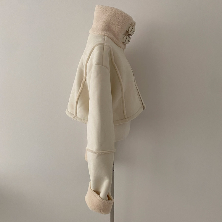 찬바람차단 따숩 양털 하이넥 스웨이드 버클 크롭 무스탕 숏 자켓