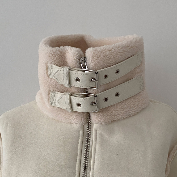 찬바람차단 따숩 양털 하이넥 스웨이드 버클 크롭 무스탕 숏 자켓