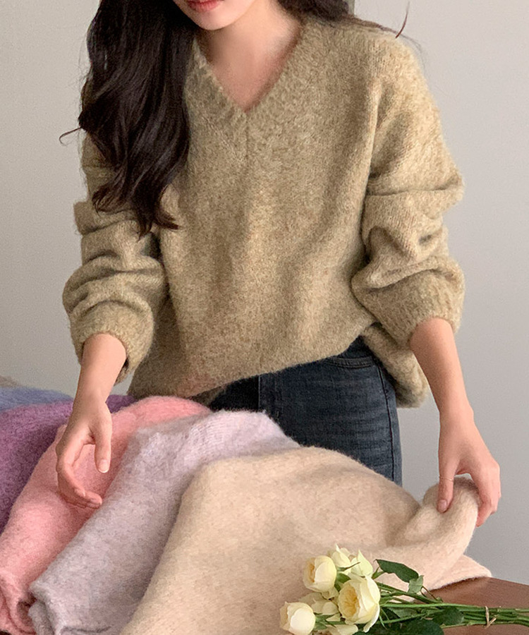 美品 24SS エブール×ロンハーマン カシミヤ混 コットン ニット Vネック ウール混ルーズフィットVネックニット｜ニット｜韓国