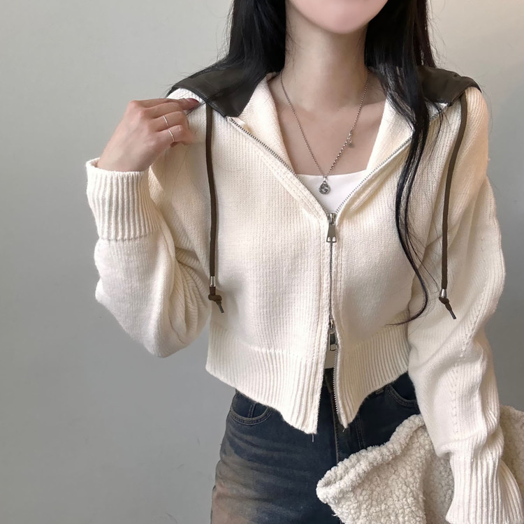 レザーフードクロップダブルジップアップニットパーカー｜ジャンパー