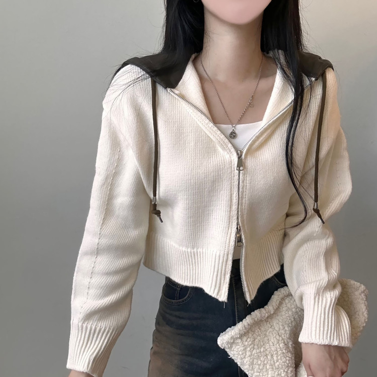 レザーフードクロップダブルジップアップニットパーカー｜ジャンパー