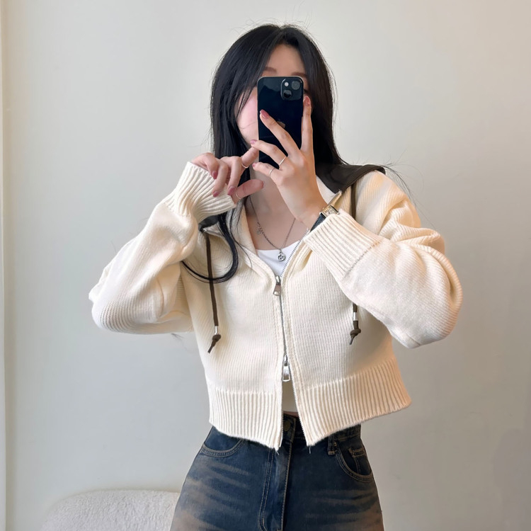 レザーフードクロップダブルジップアップニットパーカー｜ジャンパー