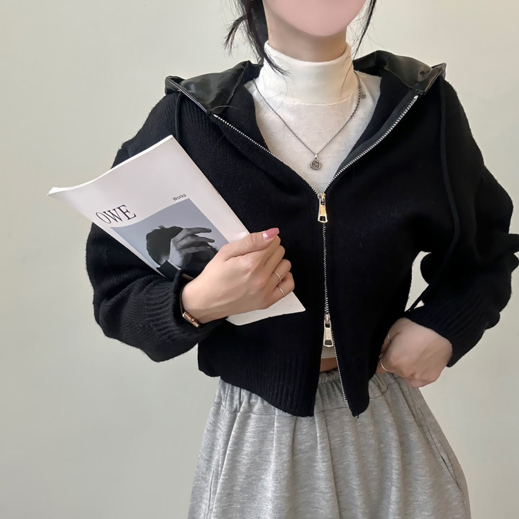 レザーフードクロップダブルジップアップニットパーカー｜ジャンパー