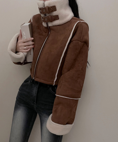 버클하이넥양털스웨이드무스탕자켓 밤색