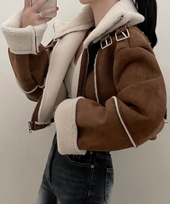 버클하이넥양털스웨이드무스탕자켓 밤색