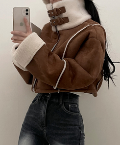 버클하이넥양털스웨이드무스탕자켓 밤색