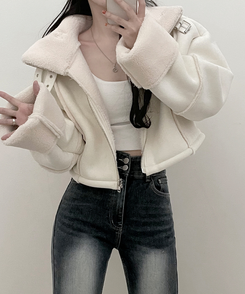 버클하이넥양털스웨이드무스탕자켓 아이보리