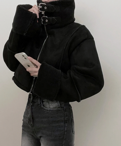 버클하이넥양털스웨이드무스탕자켓 블랙