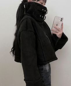 버클하이넥양털스웨이드무스탕자켓 블랙