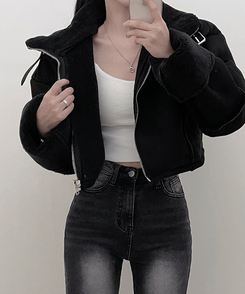 버클하이넥양털스웨이드무스탕자켓 블랙