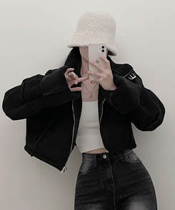 버클하이넥양털스웨이드무스탕자켓 블랙