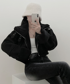 버클하이넥양털스웨이드무스탕자켓 블랙