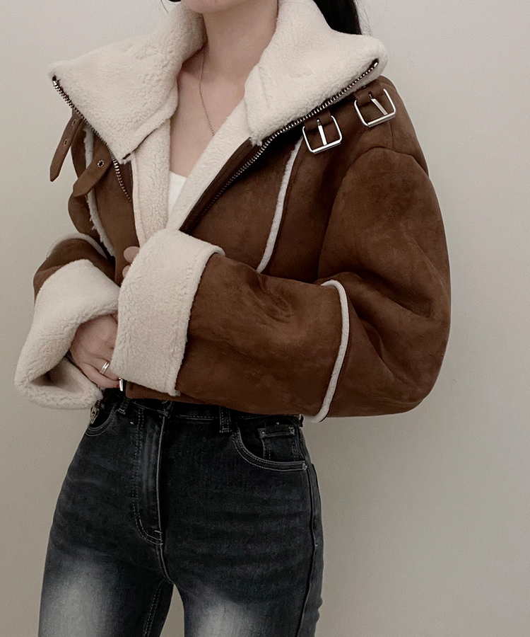 버클하이넥양털스웨이드무스탕자켓 밤색