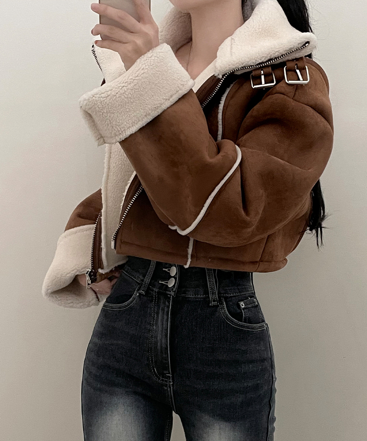 버클하이넥양털스웨이드무스탕자켓 밤색