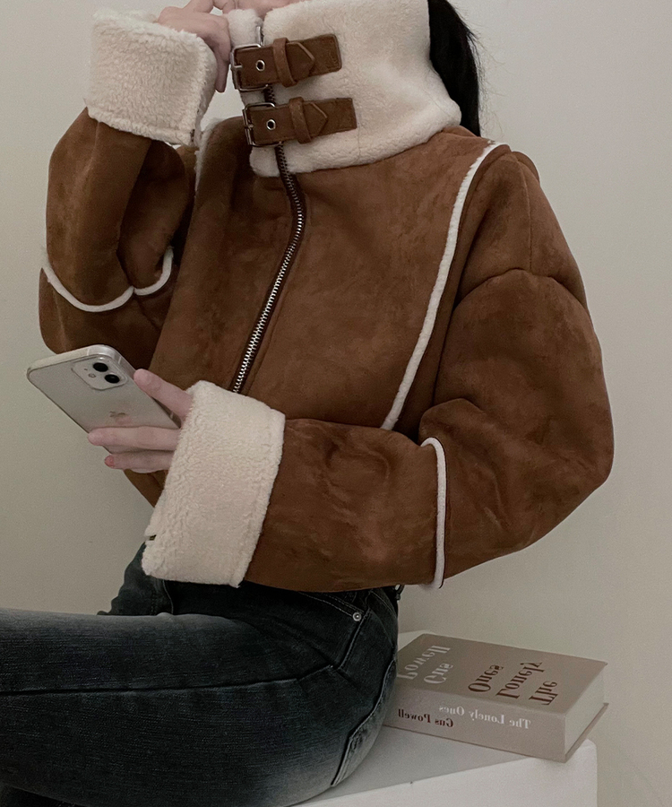 버클하이넥양털스웨이드무스탕자켓 밤색